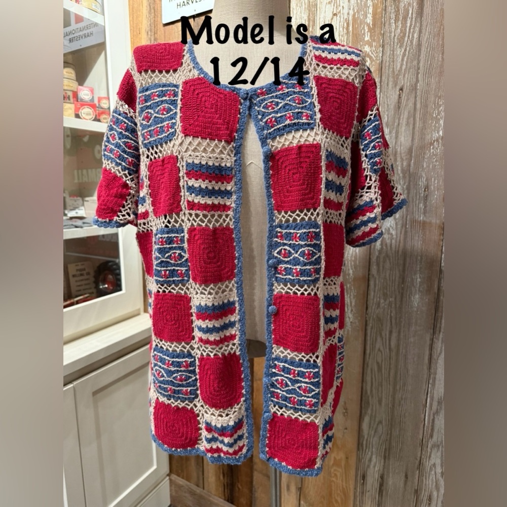CJ BANKS 2X Vintage Granny Square Cardigan Hand Knitted Crochet **See Photos**